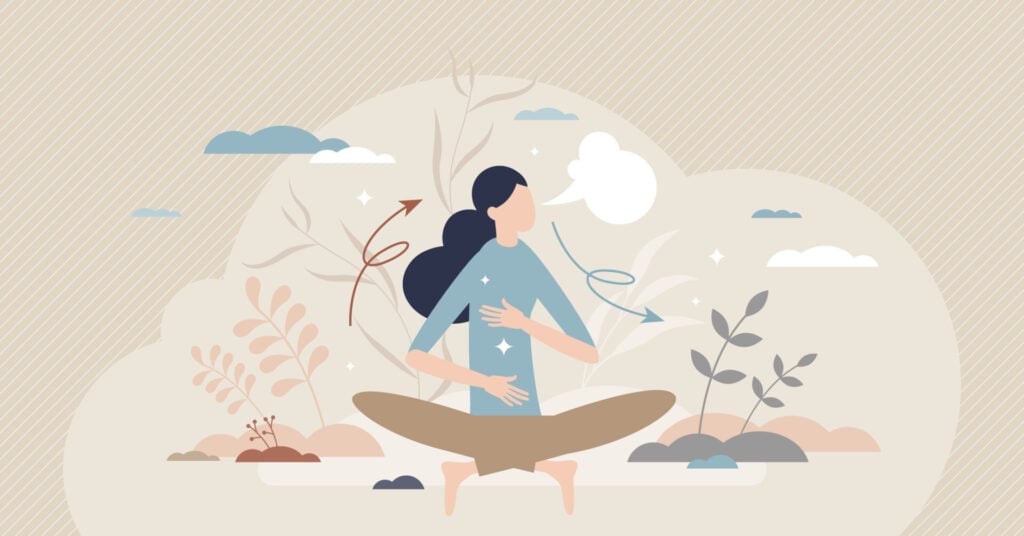 An illustration of a woman sat cross-legged doing breath work and sat in nature, completing a mindfulness practice