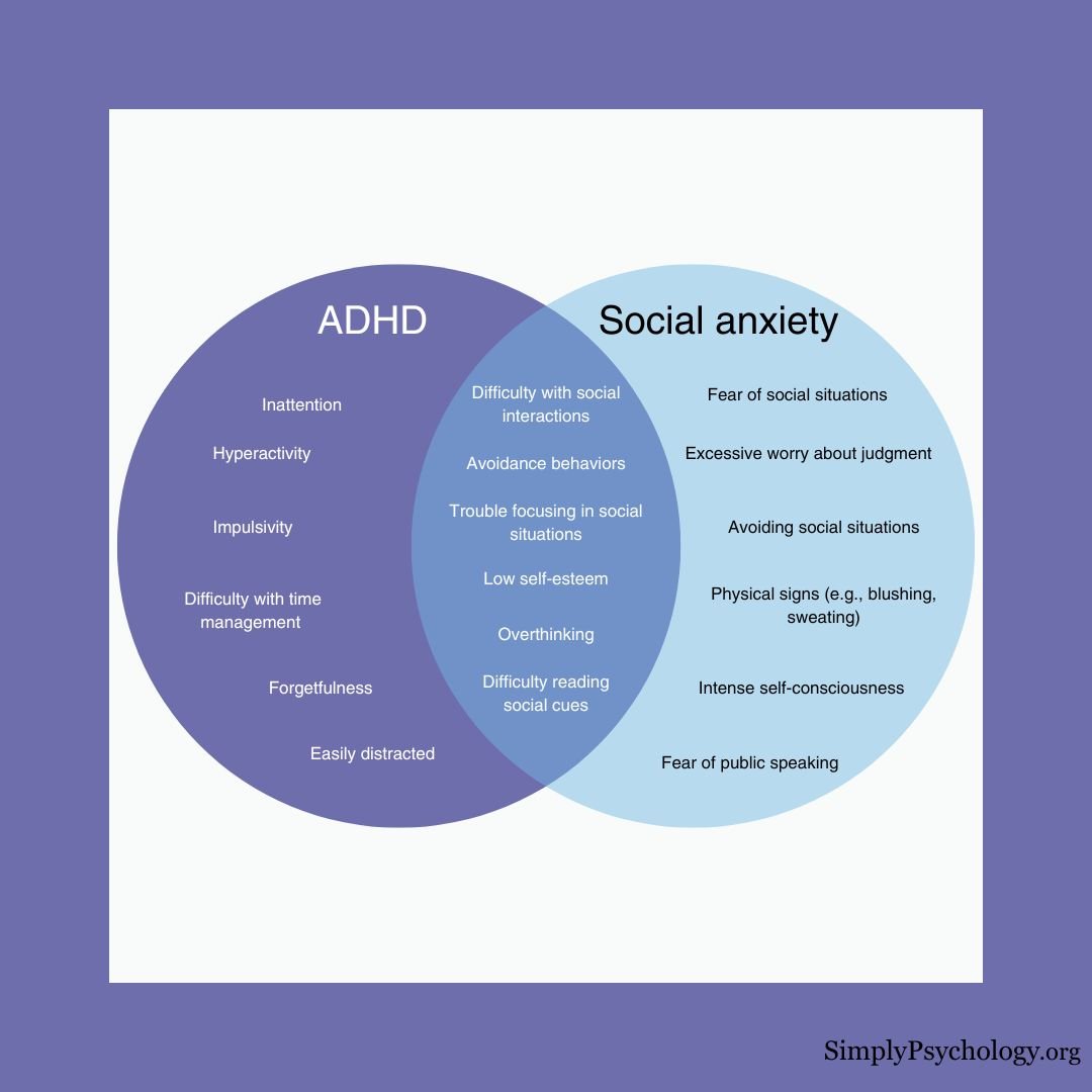 A venn diagram outlining traits of ADHD in the left circle, signs of social anxiety in the right circle, and overlapping traits in the middle.