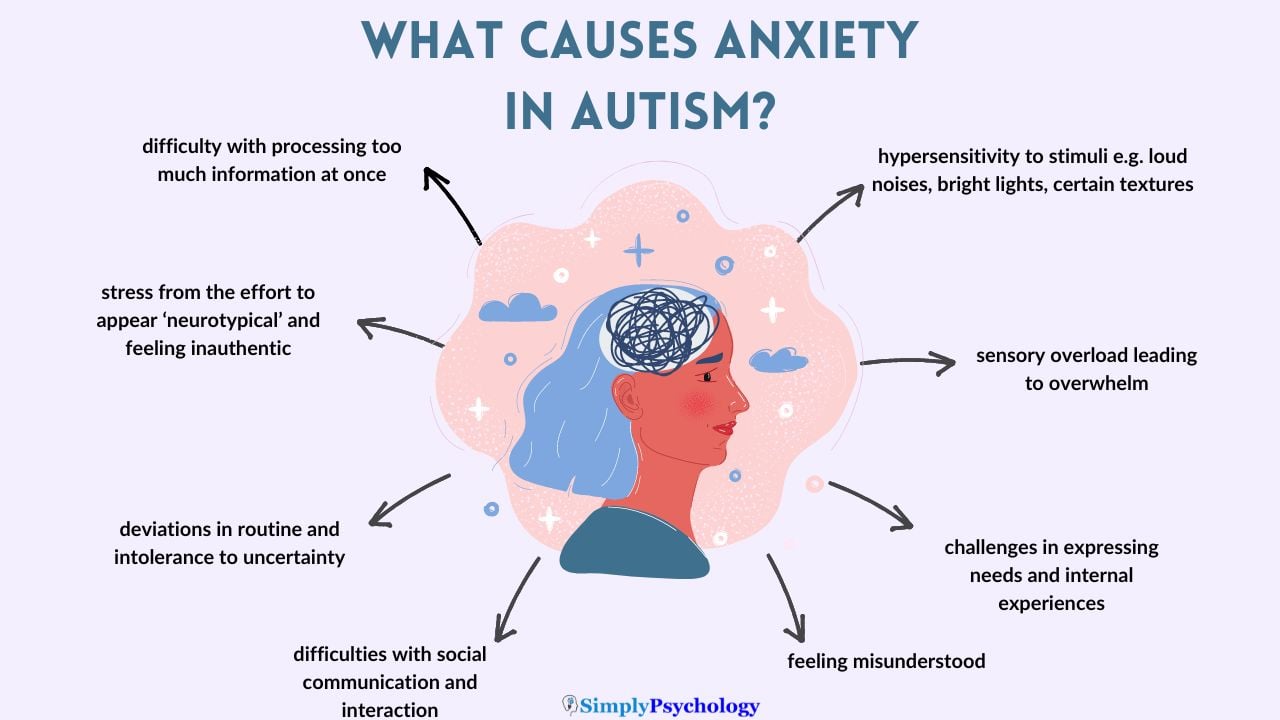 A mindmap diagram titled 'what causes anxiety in autism'. An image of an anxious woman in the centre with arrows pointing away with different possible causes such as hypersensitivity to stimuli, challenges in expressing needs, and feeling misunderstood.