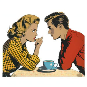 A comic style illustration of a man and a woman leaning forward and staring into each others eyes while on a coffee date.