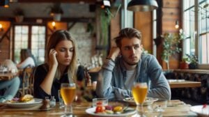 A couple at a restaurant looking bored, looking away from each other.