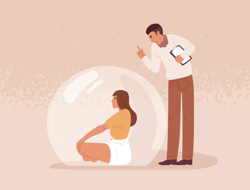 illustration of a woman sat in a protective bubble while a man is shouting at her