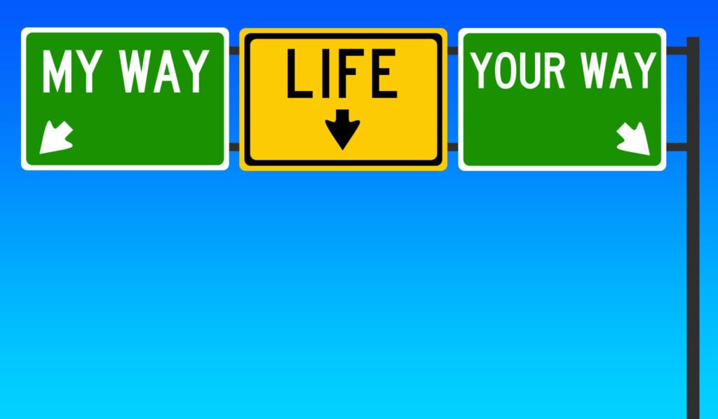 Three road signs that read from left to right: My way, Life, and Your way.