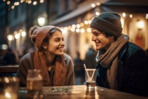 Young man and young woman on a first date, seated outdoors in the evening, enjoying a romantic ambiance as they engage in conversation