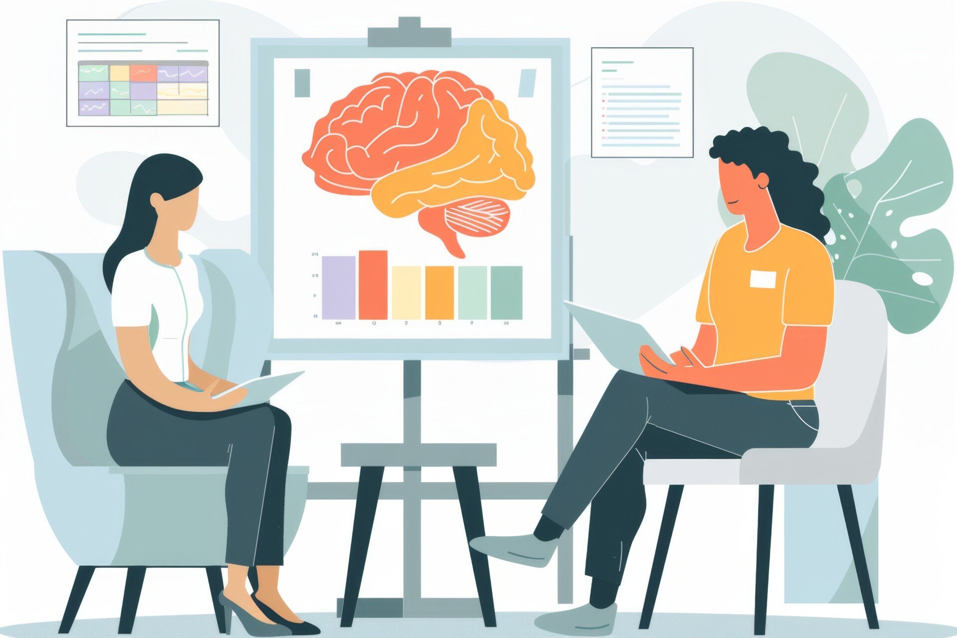 An illustration of a therapist and client sat in arm chairs with an image of a brain on a clipboard between them.