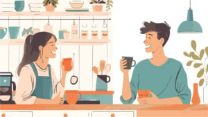 Affectionate couple enjoying morning coffee in kitchen, smiling at each other