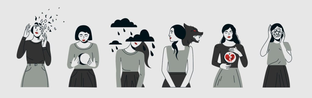 Woman suffering from mental disorder trendy flat illustration. Dissociation, derealization banner design. Depression, BPD, BPAD, schizophrenia background. Mood swings, obsessive thoughts, psychosis