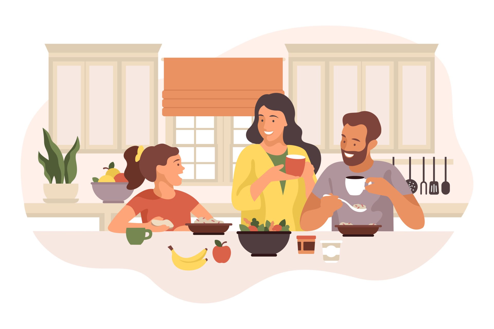 Parents and a child happily having breakfast together at the kitchen table