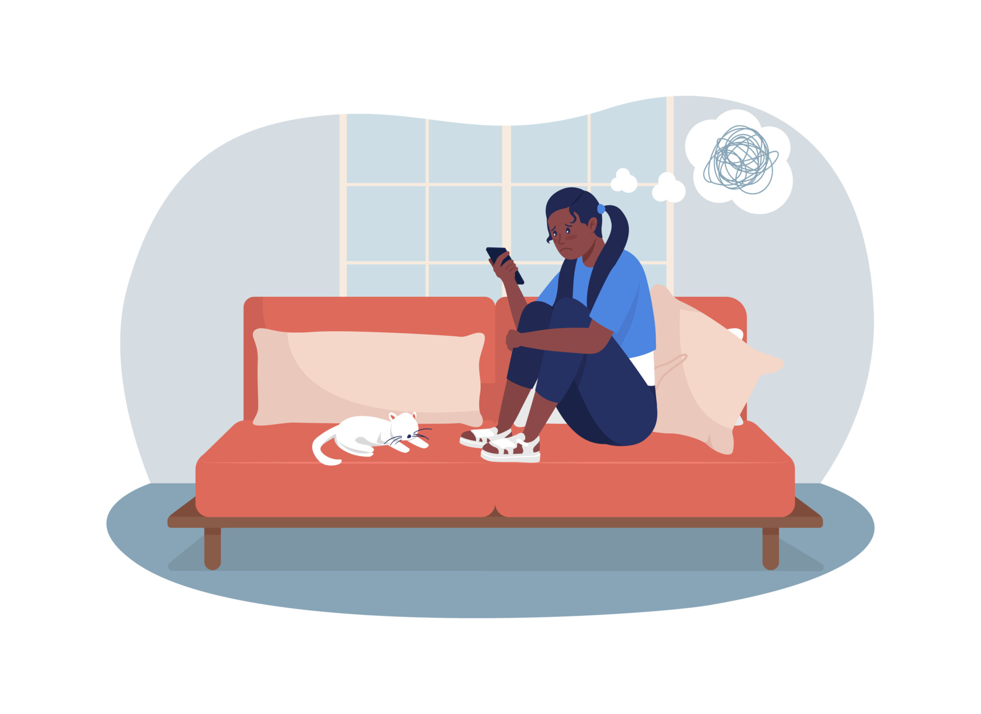 Illustration of a girl curled up on the sofa looking sadly at her phone