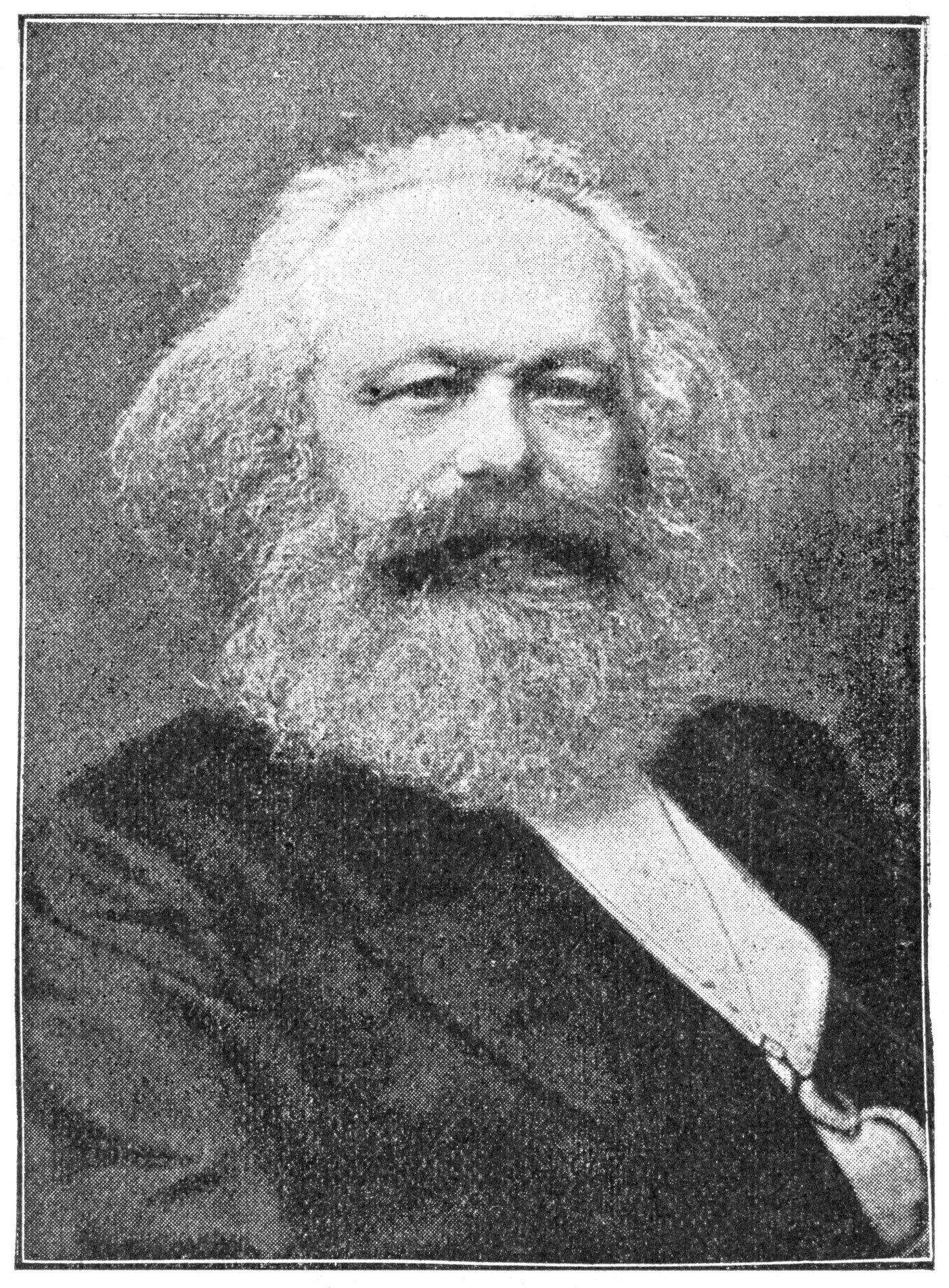 A black and white portrait of Karl Marx