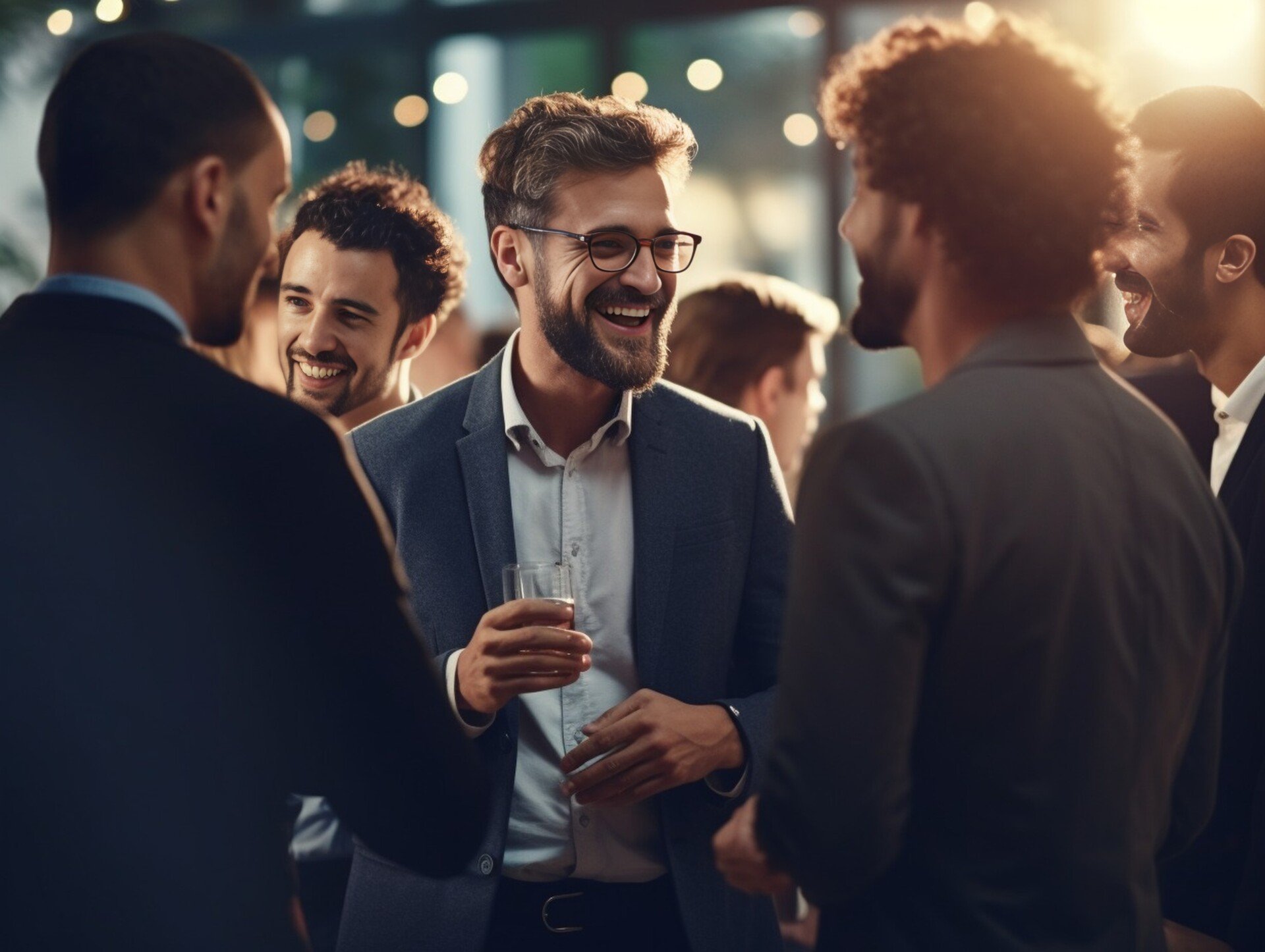 A group of business men at a social event, laughing