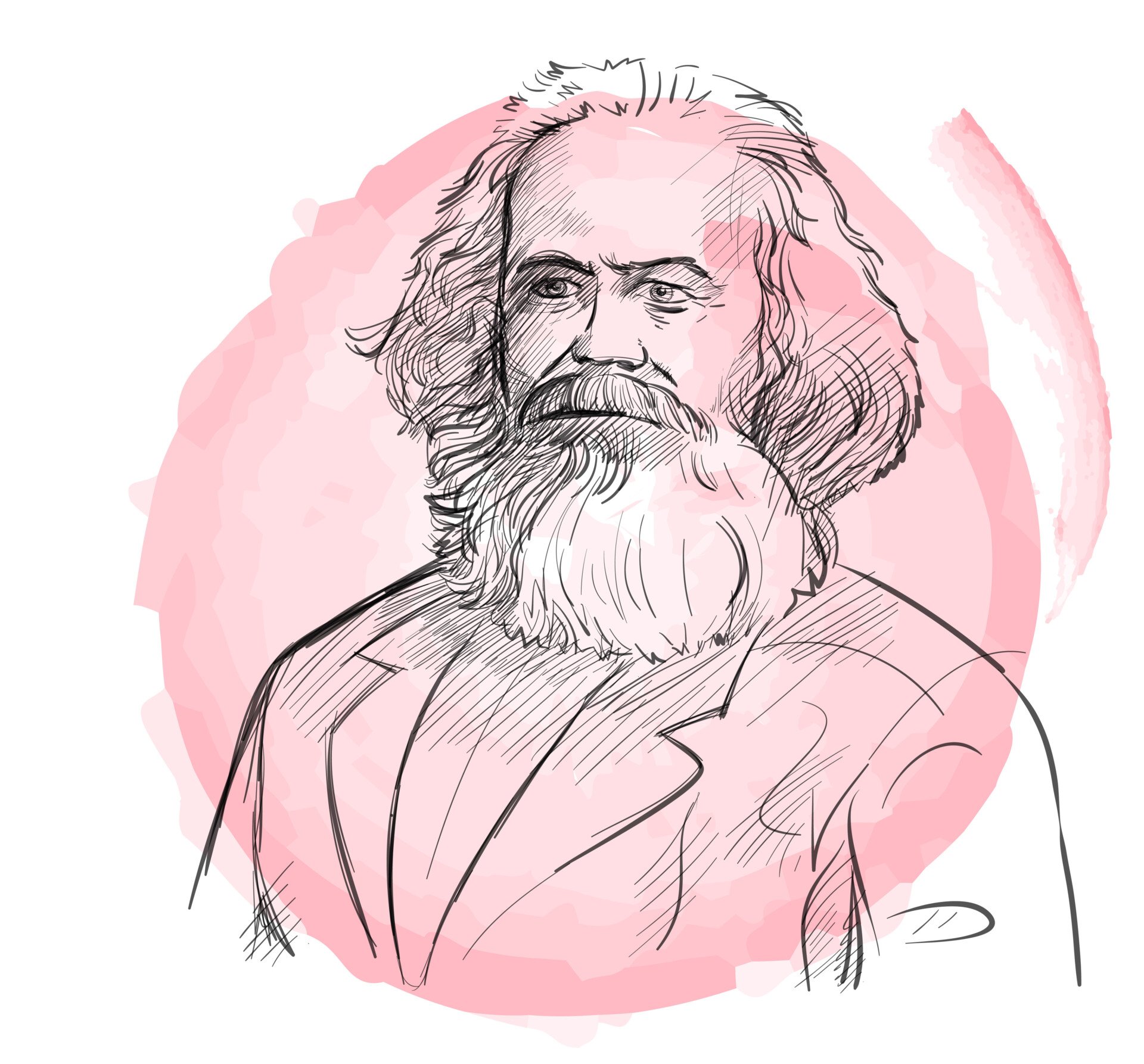 A hand drawn portrait of Karl Marx