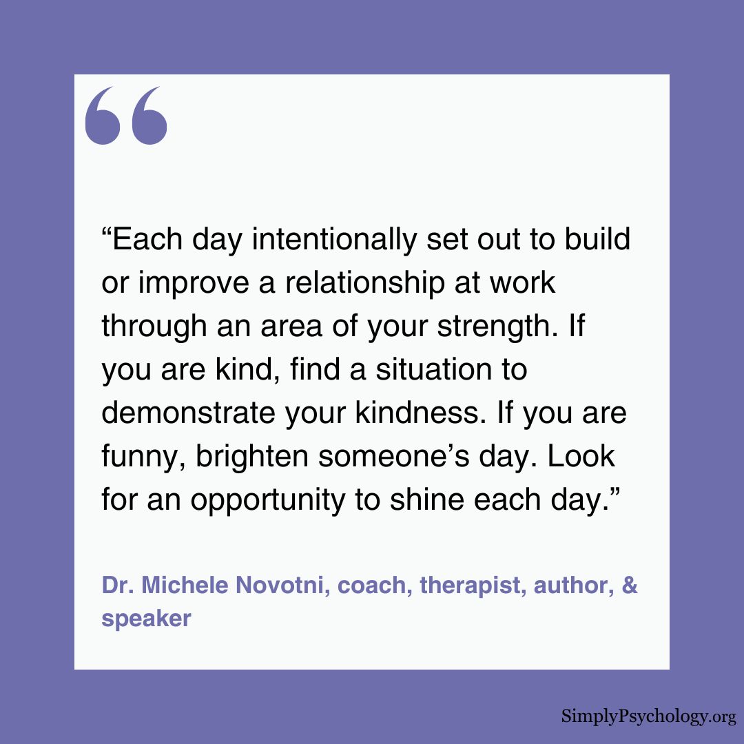 A quote from Dr Michele Novotnni: “Each day intentionally set out to build or improve a relationship at work through an area of your strength. If you are kind, find a situation to demonstrate your kindness. If you are funny, brighten someone’s day. Look for an opportunity to shine each day.”