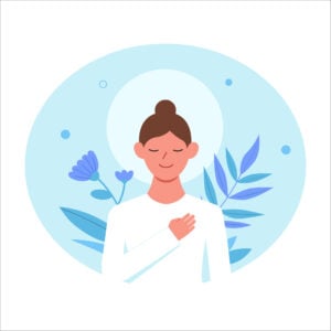 Illustration of a calm woman with a hand on her chest, nature concepts in the background.