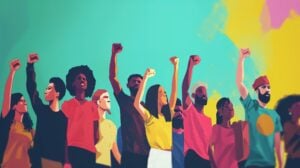 Artistic illustration of a group of people holding their fists up in the air