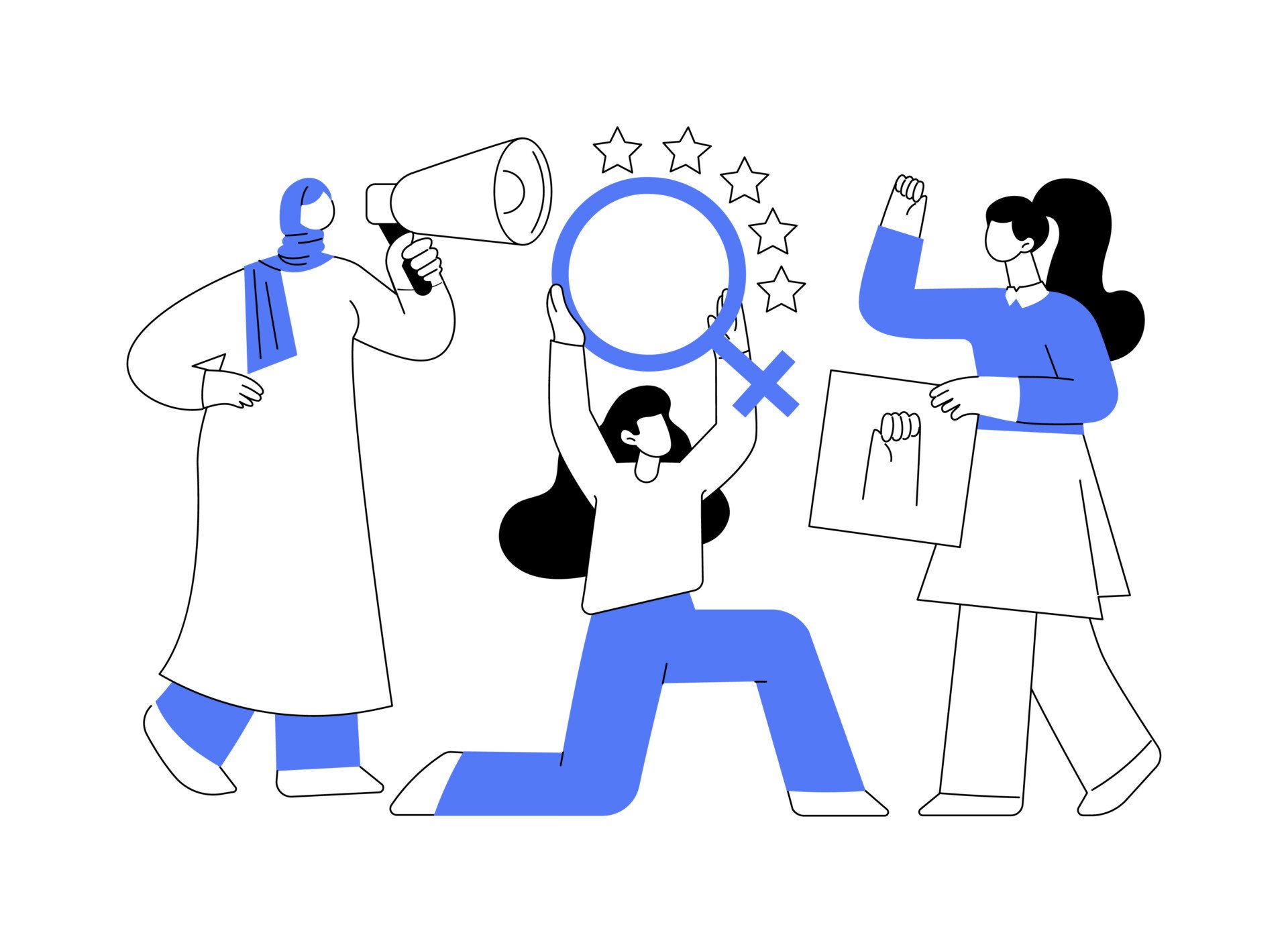 illustration of three feminists; one is holding a megaphone, one is holding a large female icon and one is holding a placard with a fist on it