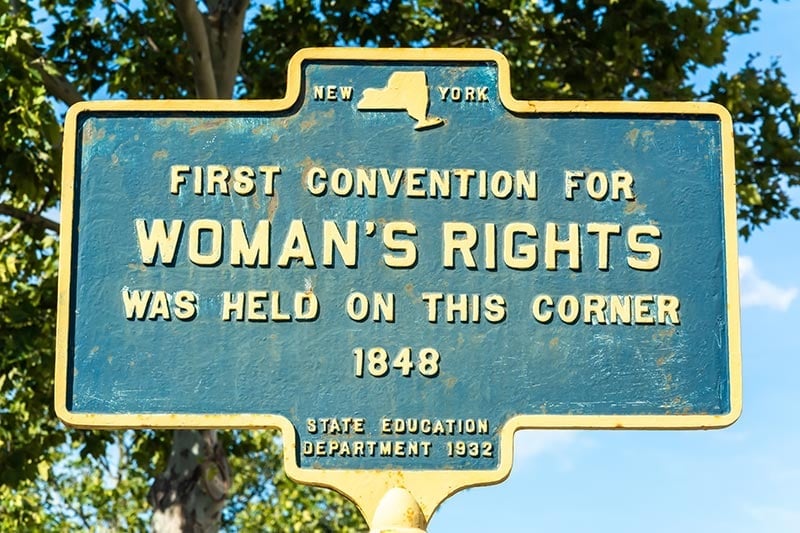 Seneca Falls, New York, United States of America – September 13, 2016. Historic plate in Seneca Falls marking the place where the First Convention for Woman’s Rights was held in 1848