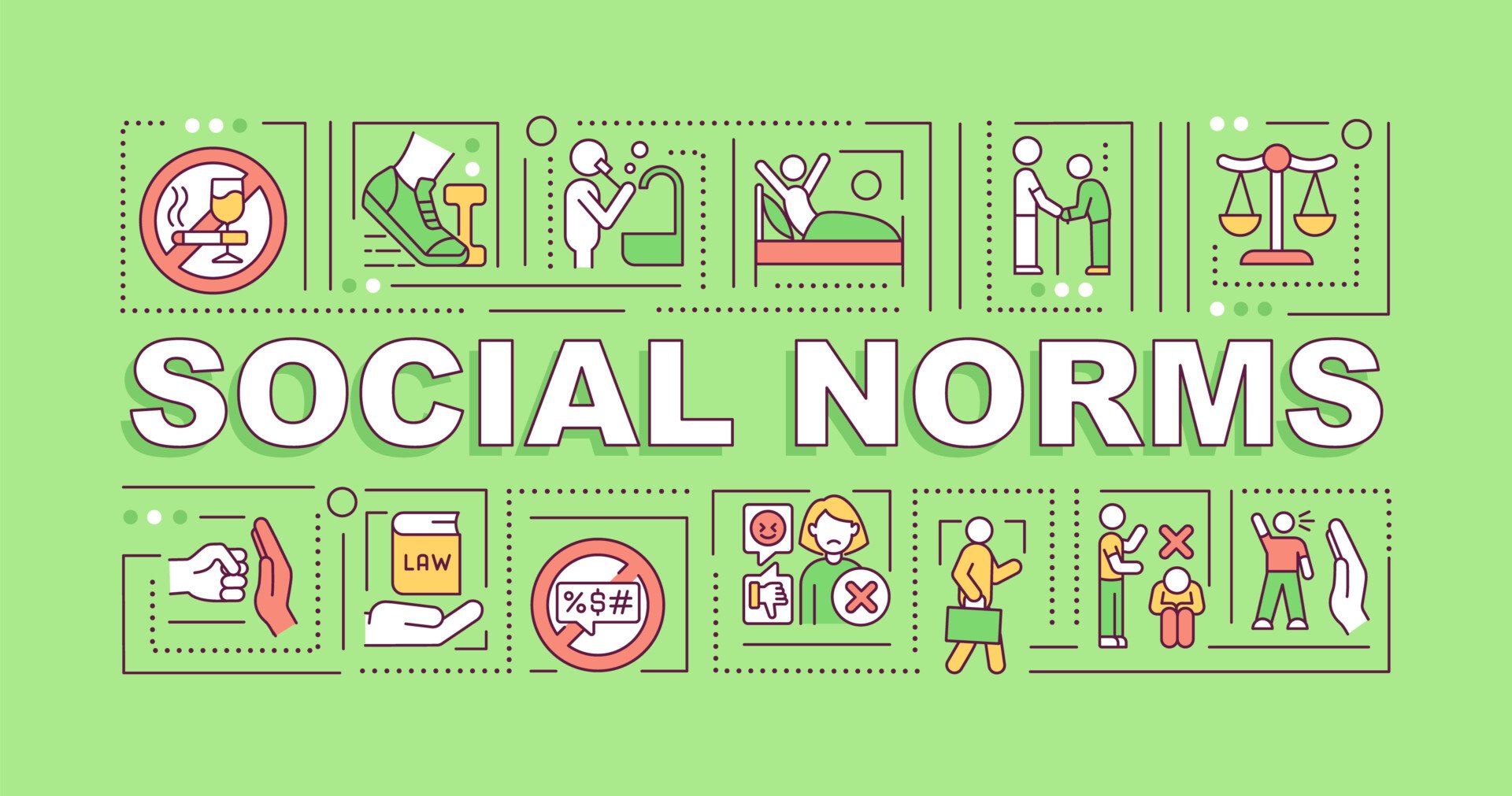 Social norms word concepts banner. Community culture rules. Infographics with linear icons on green background. Isolated creative typography