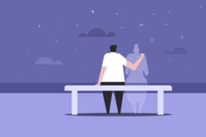 Illustration of a man sitting with an imaginary person in the sea side. Concept for loneliness